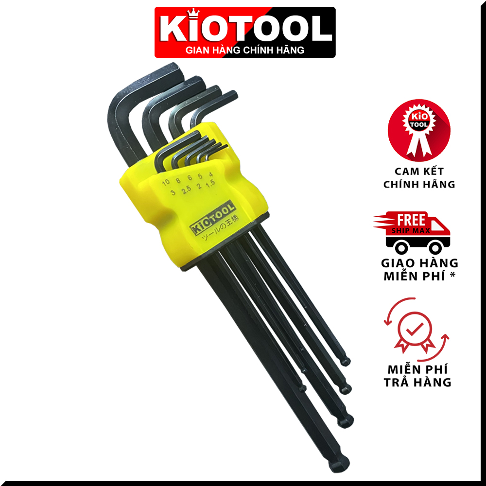 Bộ lục giác Kiotool 9 chi tiết đầu bi hệ Mét 1.5 -10 mm thép CRV cao cấp