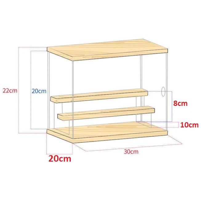 Hộp mica kèm kệ gỗ trưng bày sản phẩm, nhiều tầng