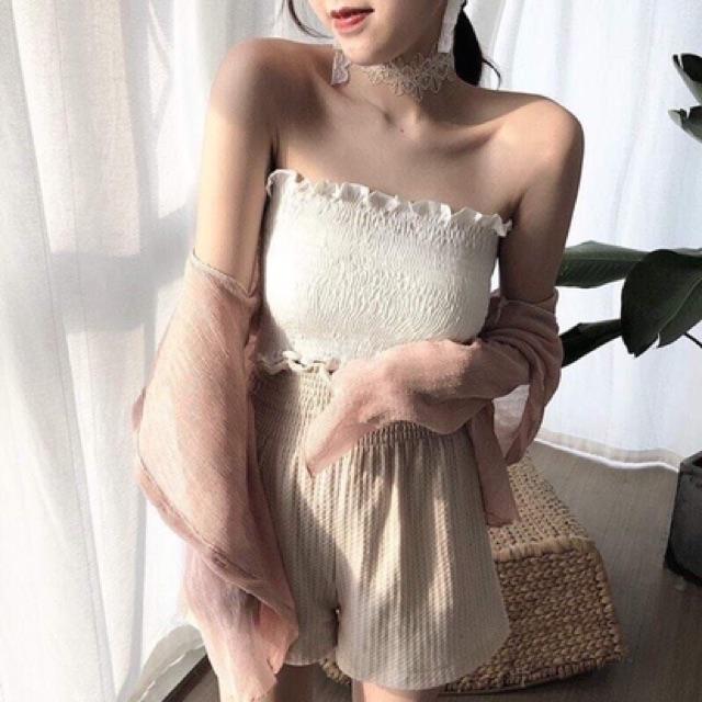 Áo ống cúp ngực voan nhún - hình thật chụp sàn