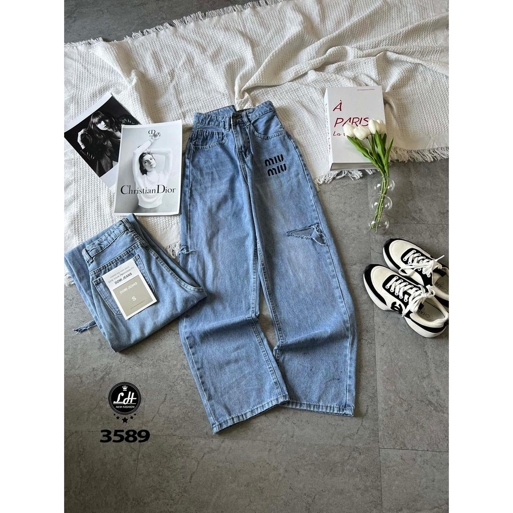 Quần jean nữ ống rộng, quần bò màu xanh rách gối to rách sườn MIU MIU siêu cưng Lê Huy Fashion MS 3589