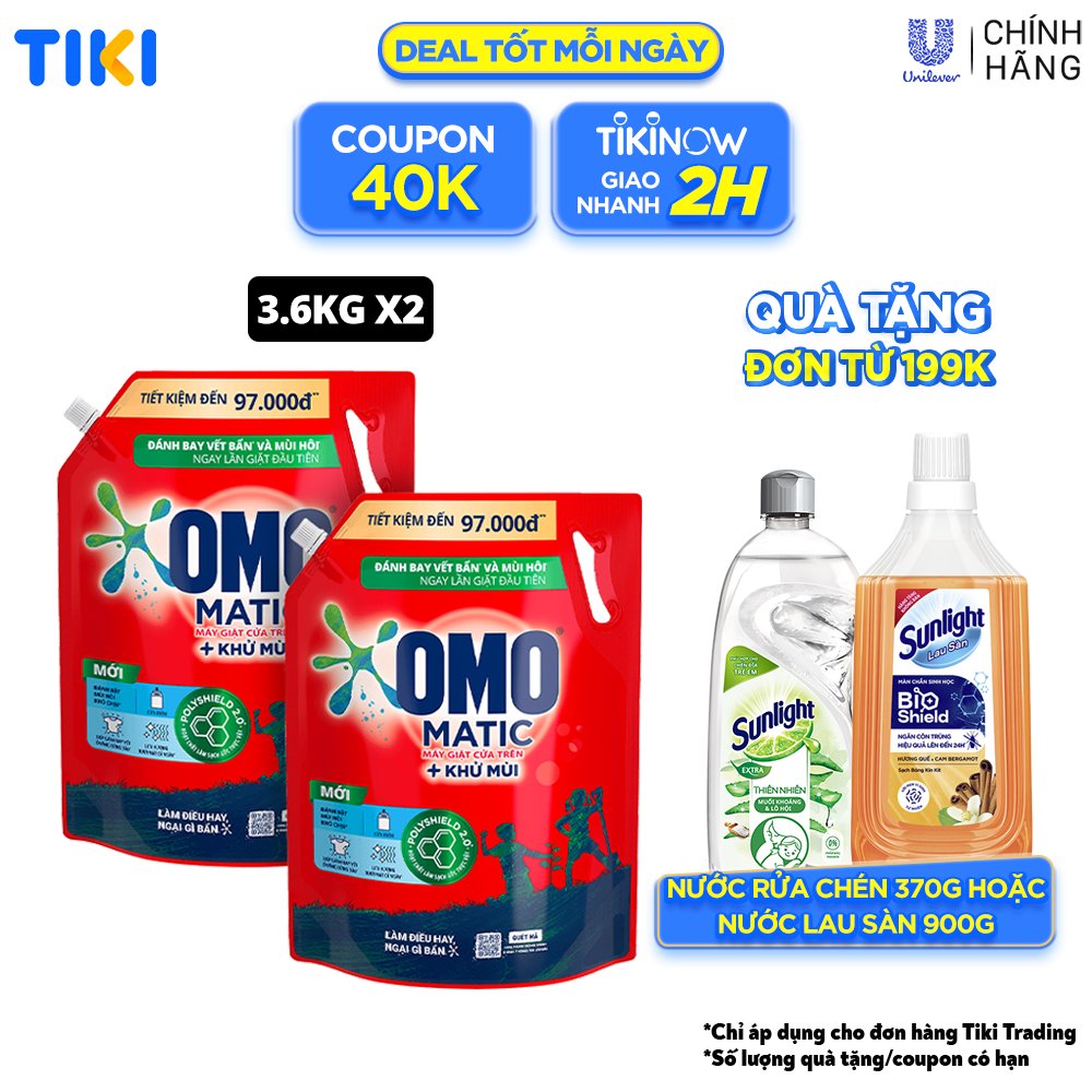 Combo 2 túi nước giặt OMO Matic cho máy giặt cửa trên giúp quần áo sạch bẩn khử mùi toàn diện, túi 3.9kg