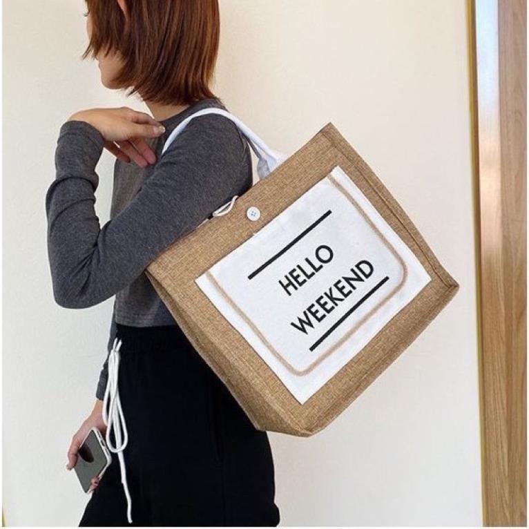 Túi cói đi biển, túi xách du lịch Hello Weekend