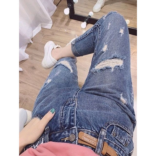 Quần baggy jean nữ rách cạp thêu co giãn Q074