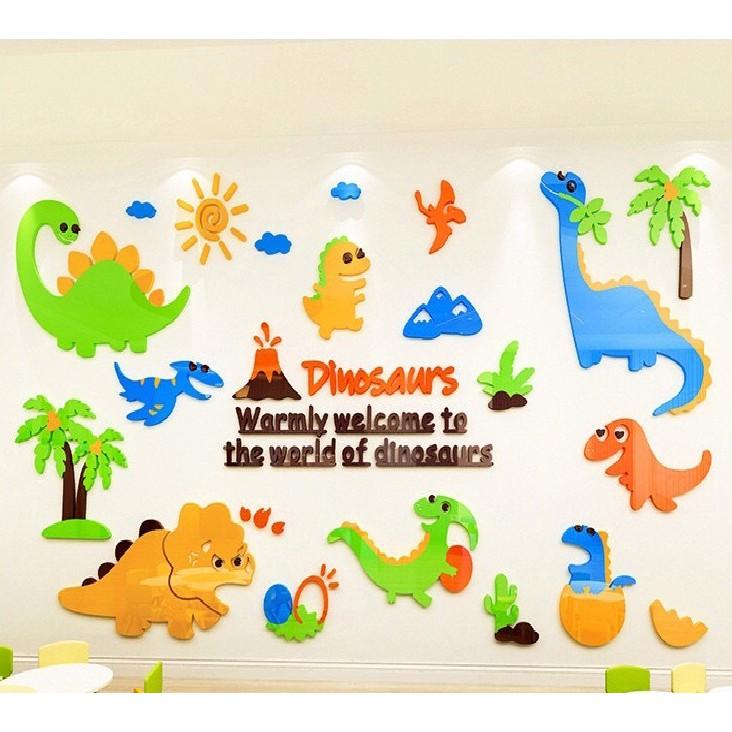 Decal dán tường mica 3D thế giới khủng long, các loại khủng long cho bé trai, tranh trang trí phòng bé cực yêu