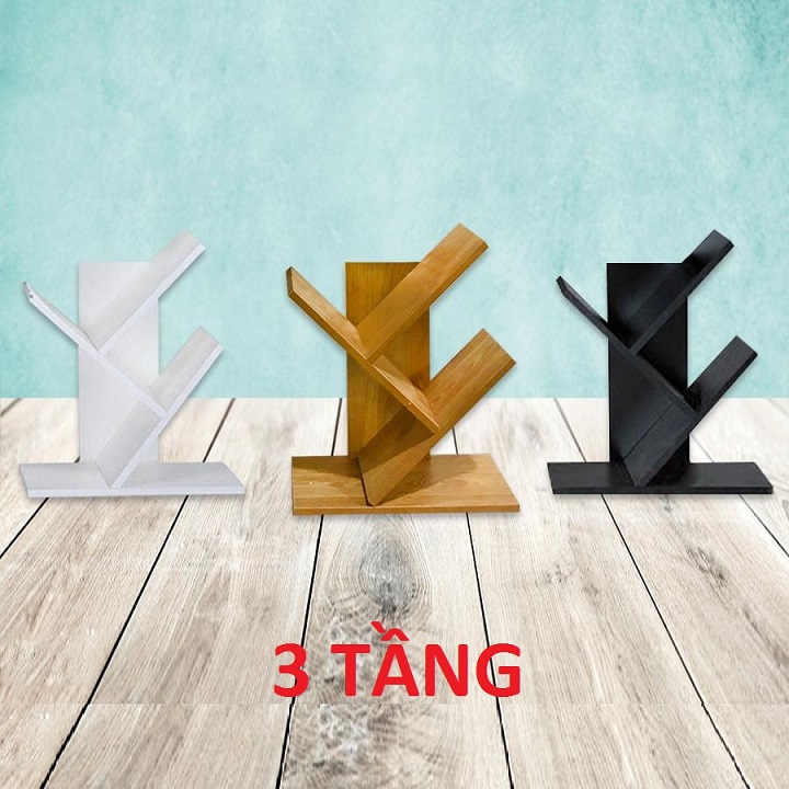 Kệ sách mini hình xương cá 3 tầng bằng gỗ MDF, dùng để đựng sách vở hoặc tài liệu, để trên bàn học hoặc bàn làm việc, hàng lắp ráp thông minh, đa năng - ĐEN