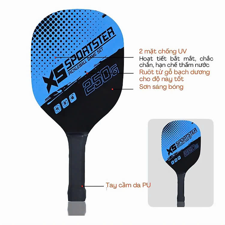 Bộ 2 Vợt Pickleball Sợi Cao Cấp + Kèm Túi Chống Sốc Và 4 Bóng