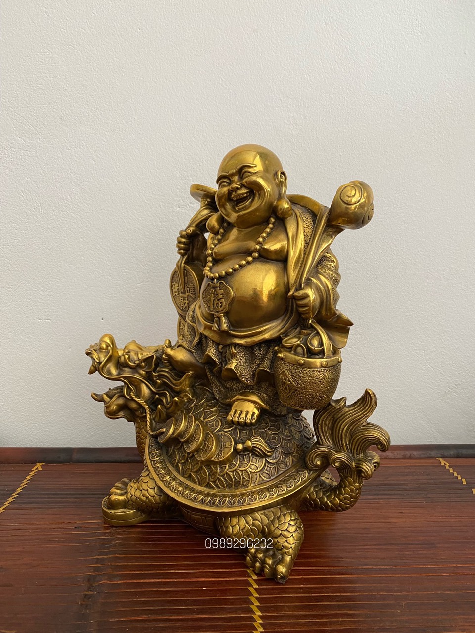 Tượng phật Di Lặc gánh tiền cưỡi long quy bằng đồng