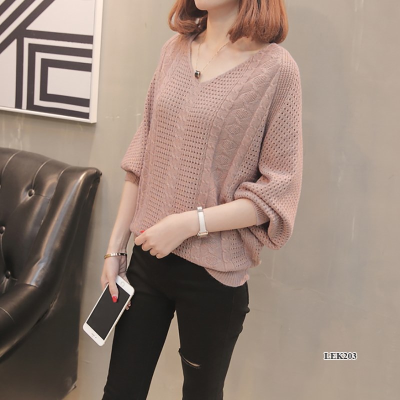 Áo len nữ cao cấp, thiết kế cánh dơi, cổ V Hàn Quốc - kiểu đan lưới rỗng thoáng khí hợp với mùa Xuân, Thu