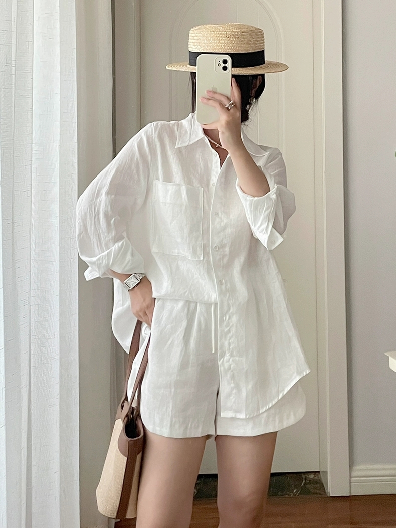 Set áo sơ mi + quần short nữ chất liệu linen mềm mịn thoáng mát Bv05
