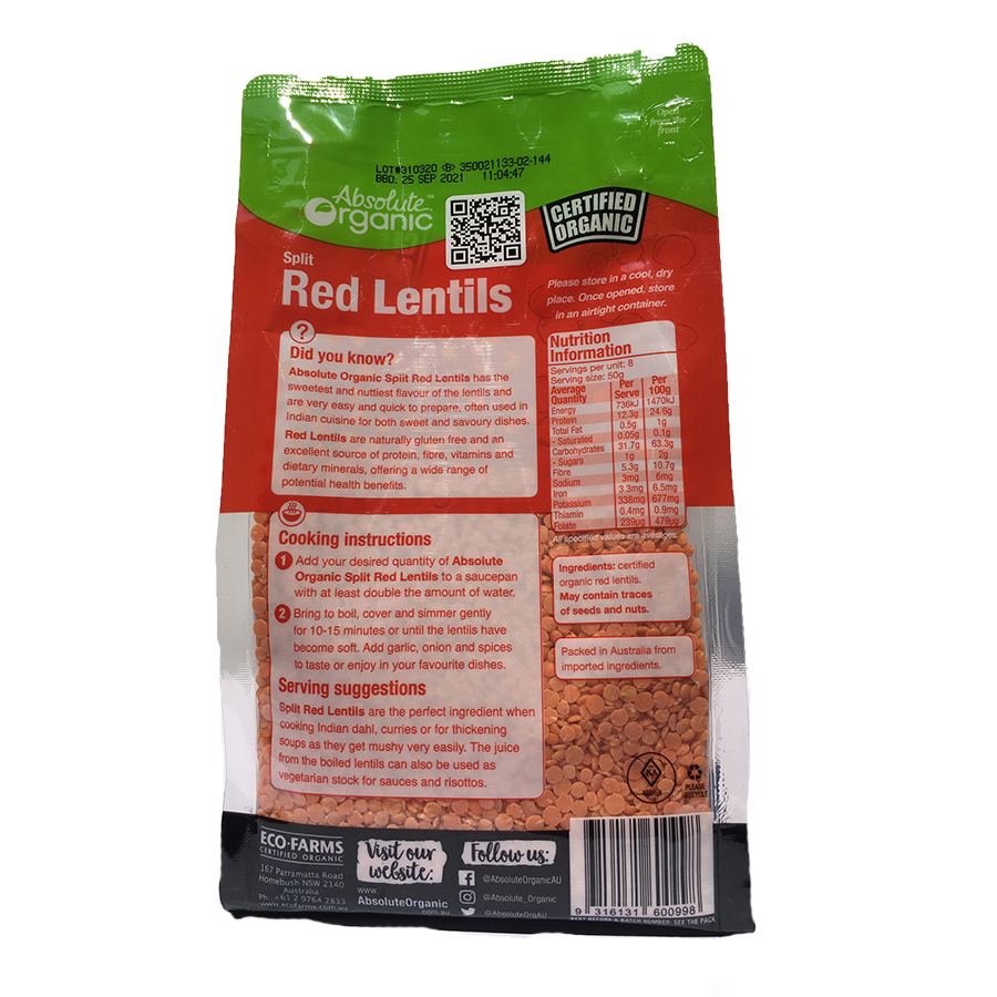 Đậu lăng đỏ Úc Red Lentils Absolute Organic túi 400g