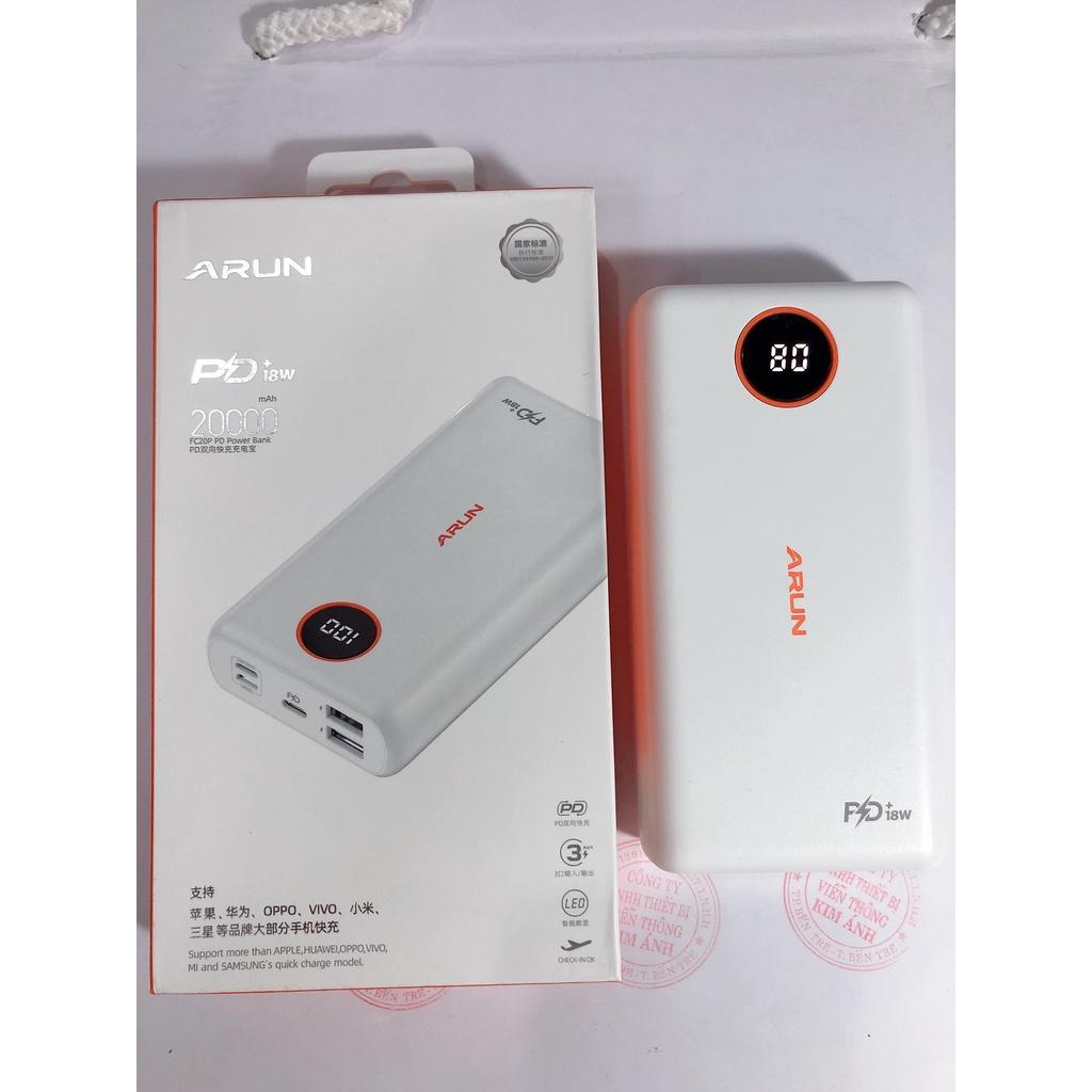 Sạc Dự Phòng Arun FC20P 20000 mAh (PD18W, QC3.0) Sạc Nhanh 2 Chiều Type C, Hàng chính hãng