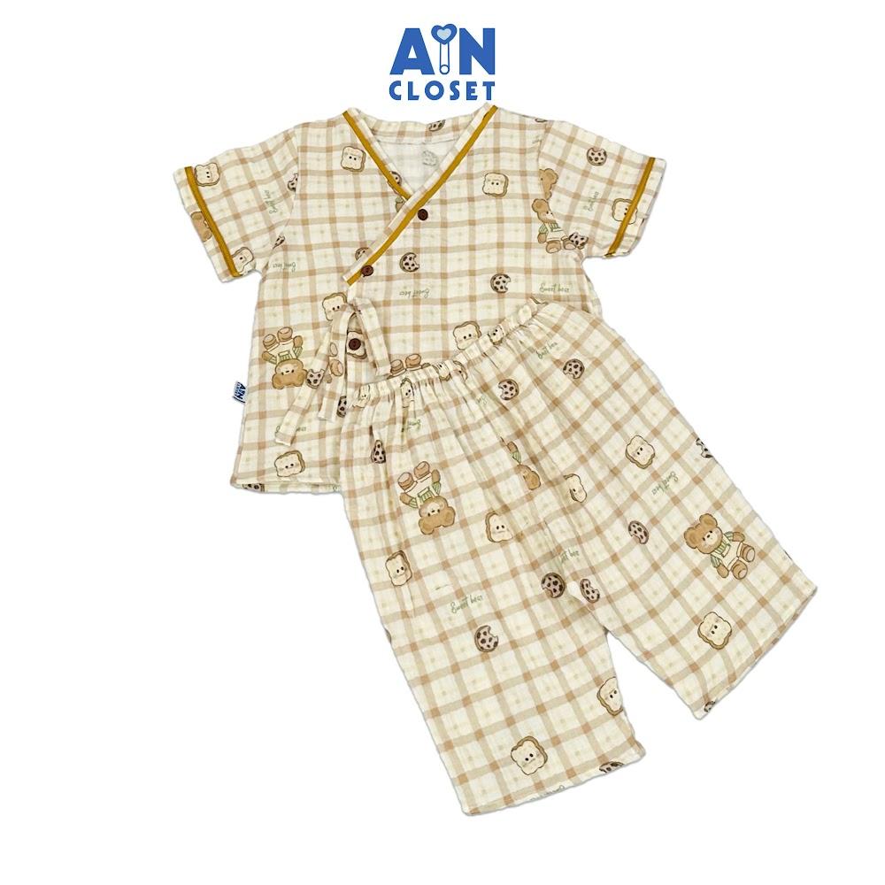 Bộ quần áo Lửng unisex cho bé họa tiết Gấu Teddy Nâu xô muslin - AICDBTT4ODBY - AIN Closet