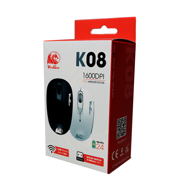 Chuột không dây VINAGEAR K08 1600dpi siêu nhạy, tiết kiệm pin