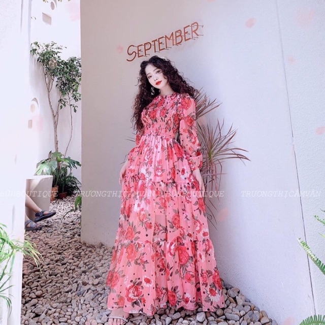 Đầm Maxi Hoa Xoè Xinh Xắn Hàng Thiết Kế Tay Dài Bo Phồng Tay