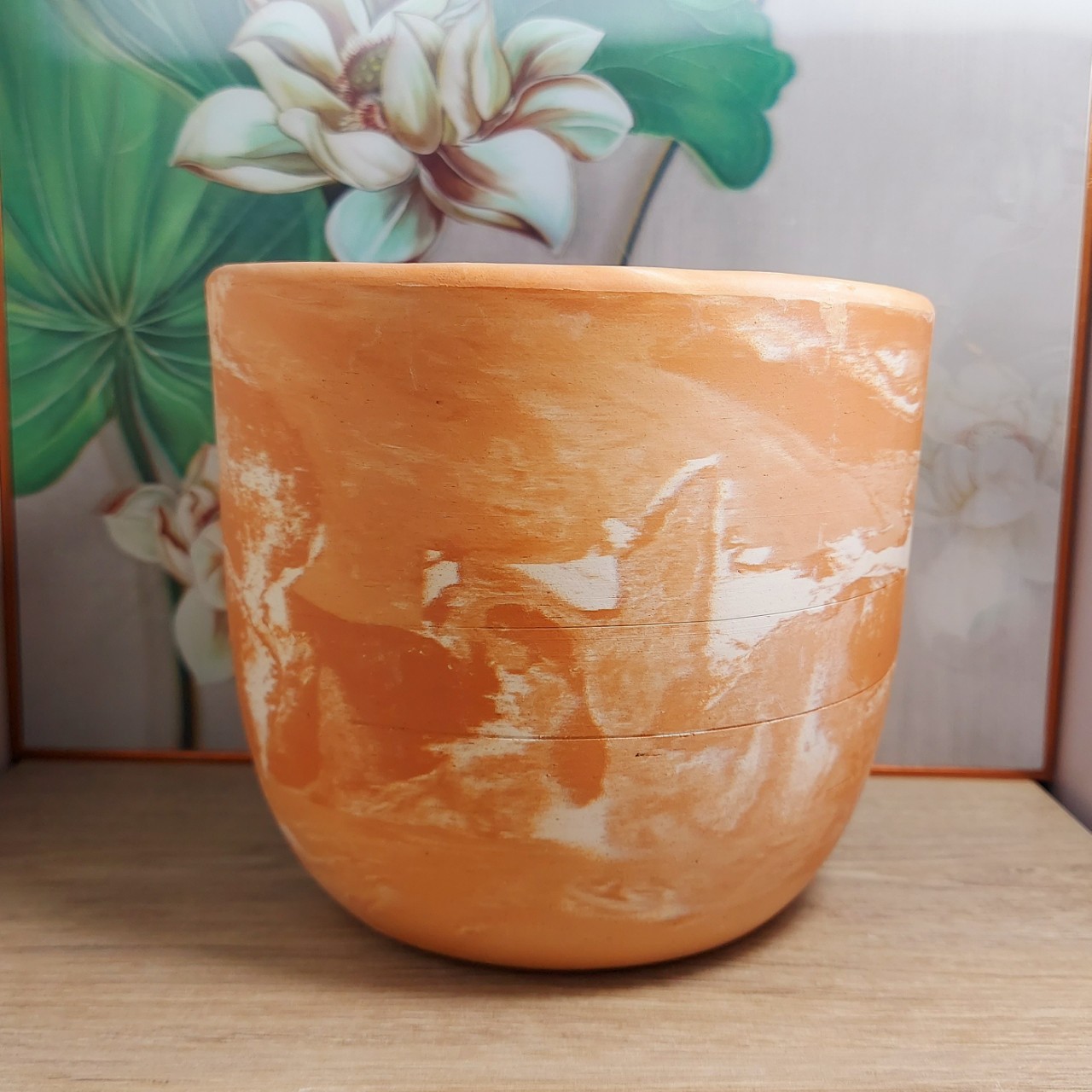 Chậu đất nung trứng cam đỏ kem sữa Bông Garden trồng cây cảnh, sen đá, xương rồng Miệng 14cm, Cao 13cm