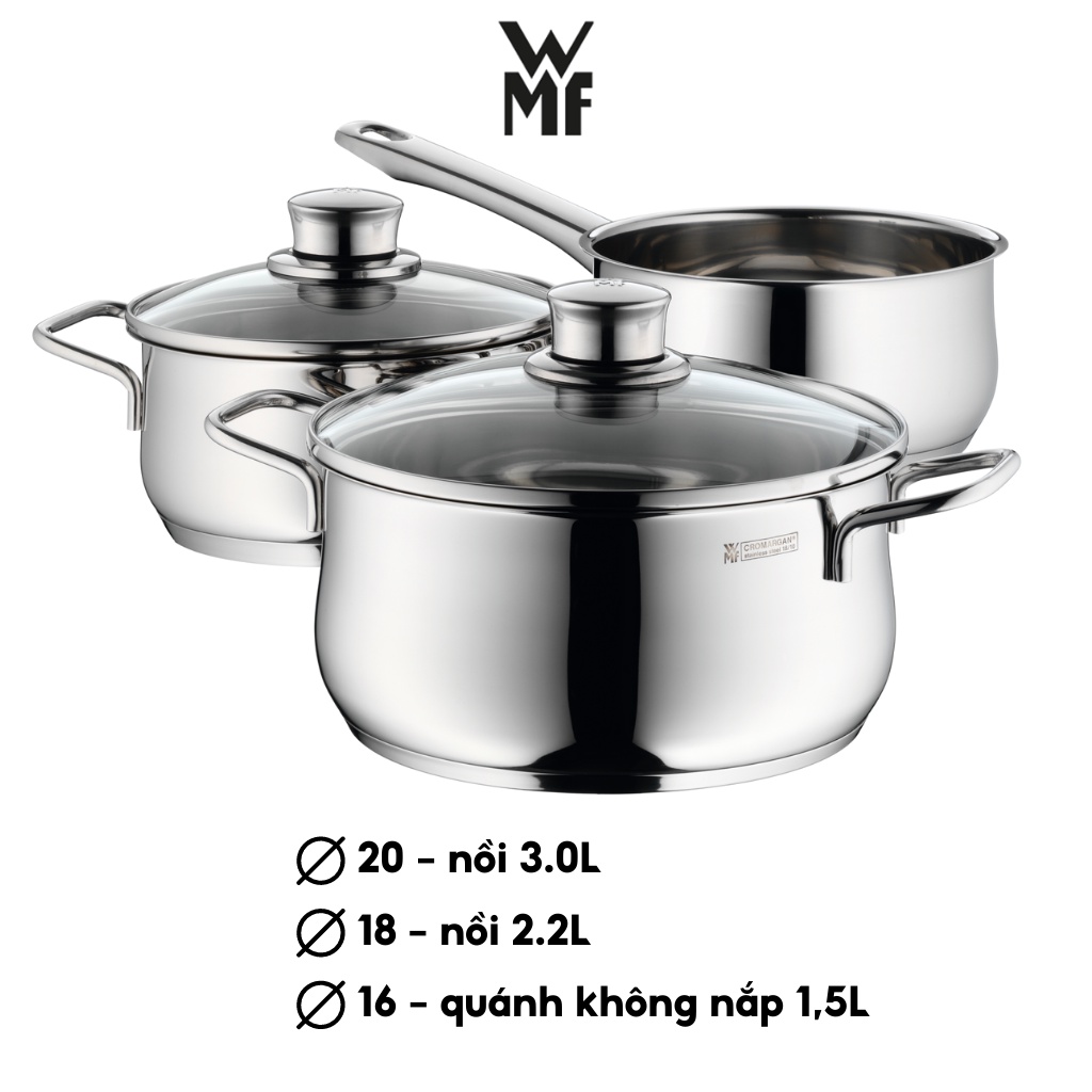 Bộ Nồi Đáy Từ 3 Lớp WMF Diadem Plus 3 Món Nguyên Khối Chất Liệu Thép Cromargan Không Gỉ Size 20,16,16cm - 0730299990