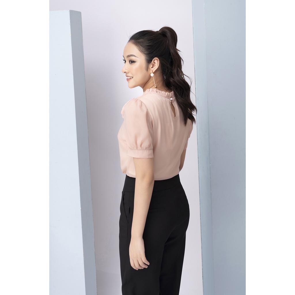 Áo Sơ Mi Nữ Tay Phồng LIPERI LFSM1198 Thiết kế cổ tròn đính hoa ngực chất lụa tơ cao cấp mềm mịn nhẹ mát không nhăn
