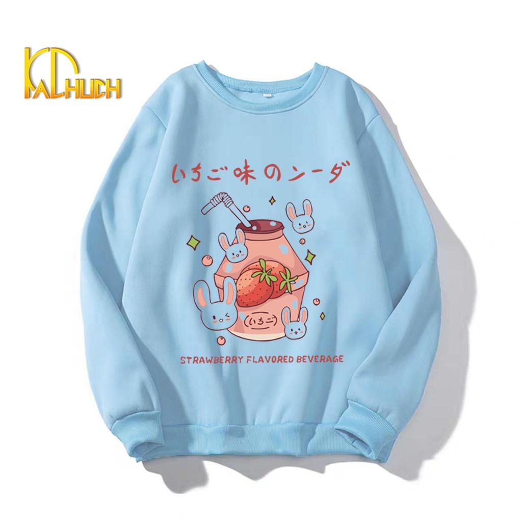 ÁO SWEATER NỈ NỮ IN STRAWBERY FLAVORED BEVERAGE KÈM CLIP THẬT ĐỦ SIZE M L XL