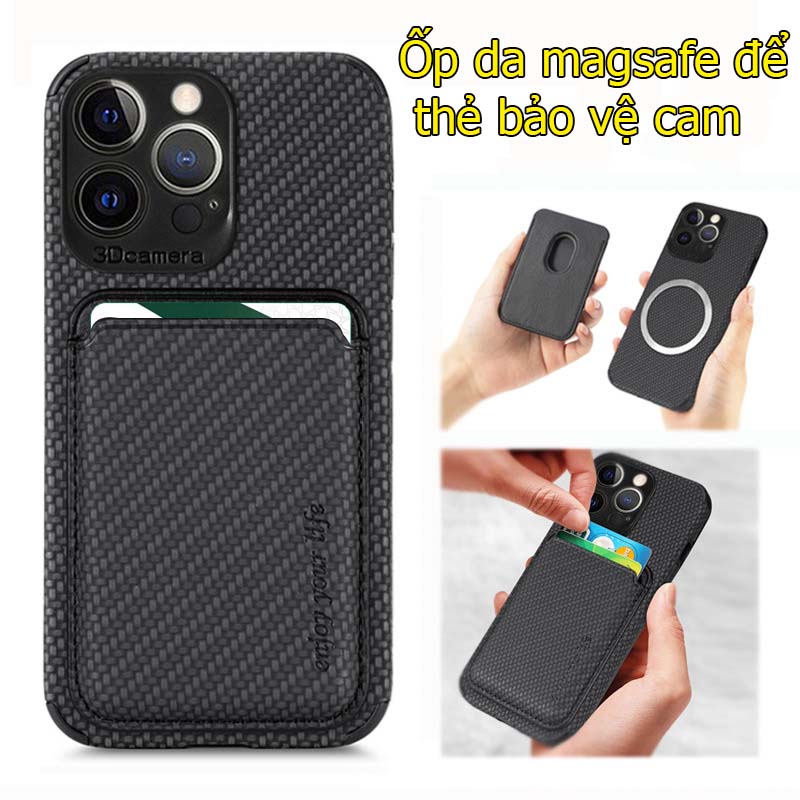 Ốp da bảo vệ camera cho iPhone 14 pro max kèm để thẻ và sạc không dây