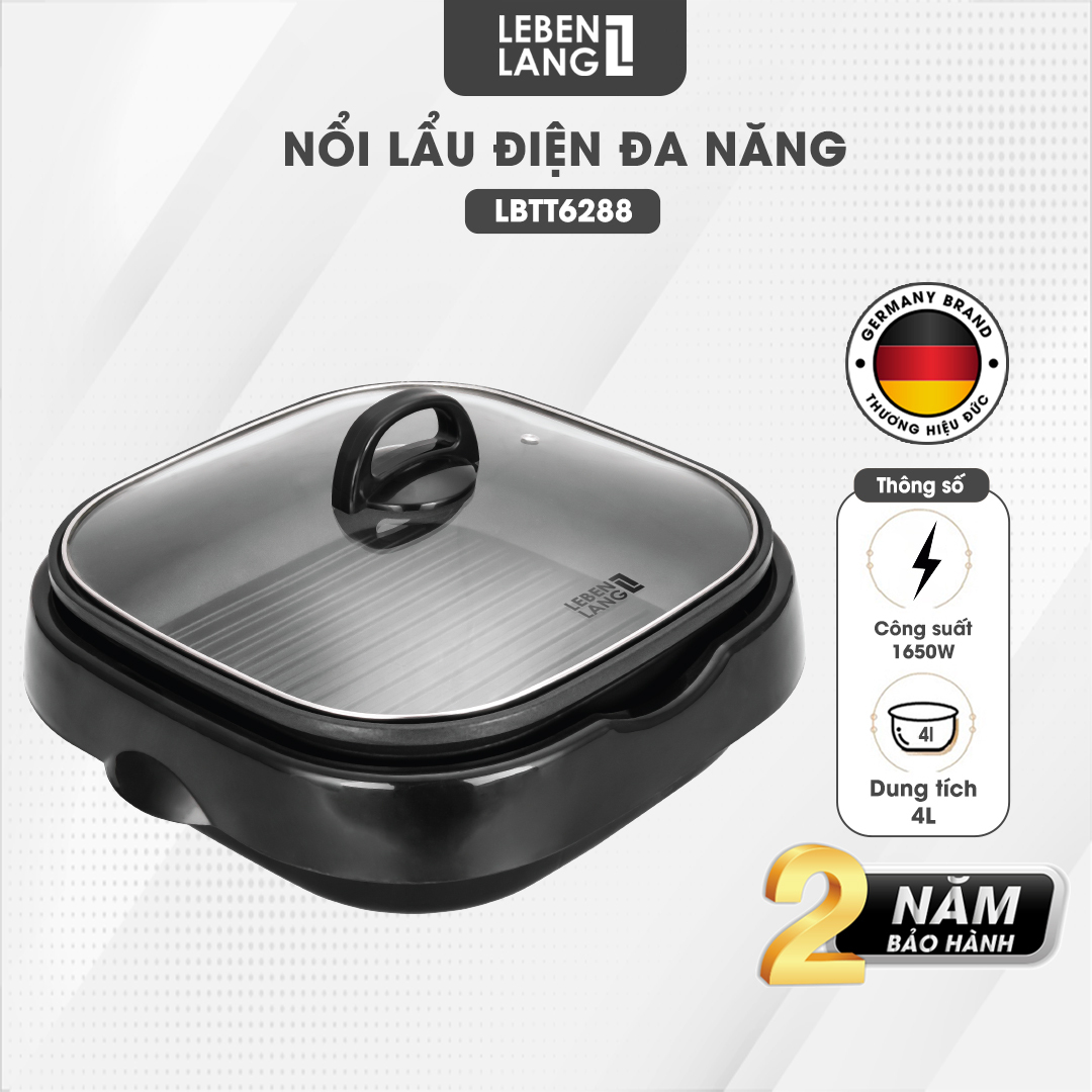 Nồi lẩu điện đa năng, nướng lẩu 2in1 Lebenlang LBTT6288, 1650W, 4l, bảo hành 2 năm - hàng chính hãng