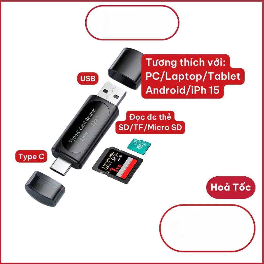 Đầu đọc thẻ nhớ SD, TF chân Type C, USB - Hàng Nhập Khẩu