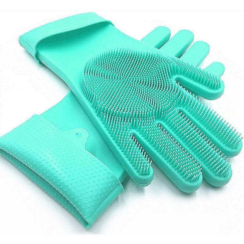 Làm sạch găng tay bọt biển cho máy rửa chén, găng tay silicon (1 cặp, màu xanh lá cây)