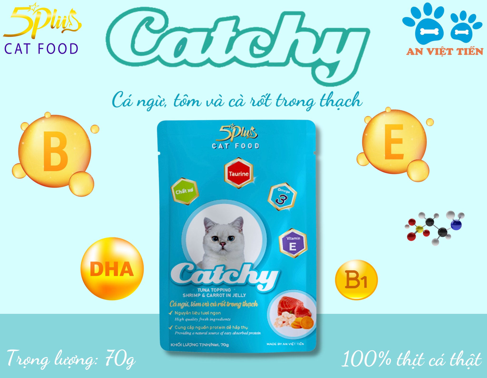 Pate cho mèo mọi lứa tuổi CATCHY 5PLUS CAT FOOD _ THÙNG 48 túi 70g mix vị