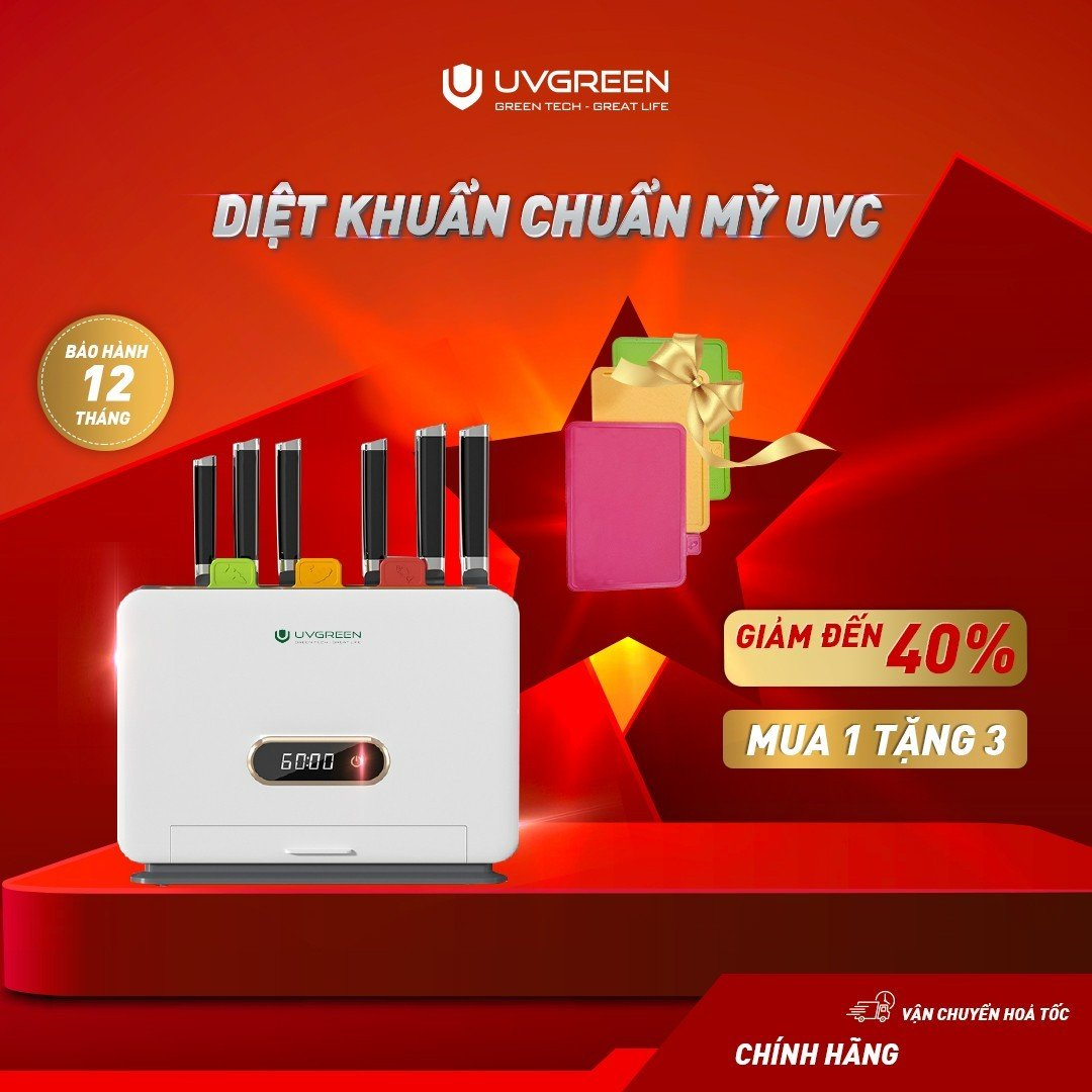 Máy tiệt trùng sấy khô dao thớt UVGREEN KK100 - HÀNG CHÍNH HÃNG - Sấy Khô 70’C - Khử khuẩn UVC 99.99% - Công Nghệ Mỹ - Bảo Hành 12 Tháng