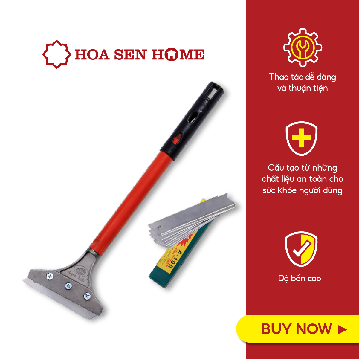 Sủi cán dài 10 lưỡi dao TB cán màu đỏ, kích thước 310mm x 120mm x 23mm, trọng lượng 256g - Hoa Sen Home - Hàng chính hãng