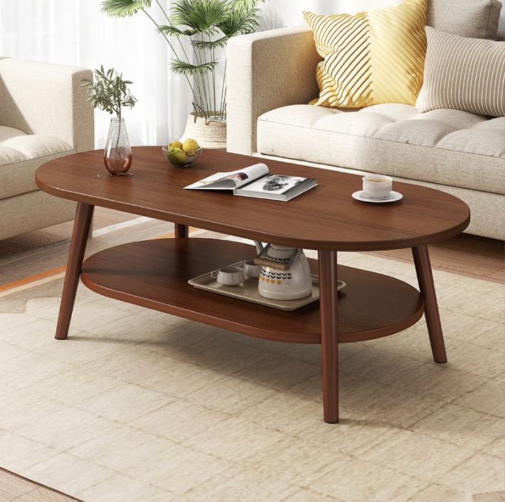 Bàn sofa, bàn trà hình Ovan 2 tầng, chân gỗ tự nhiên cao cấp