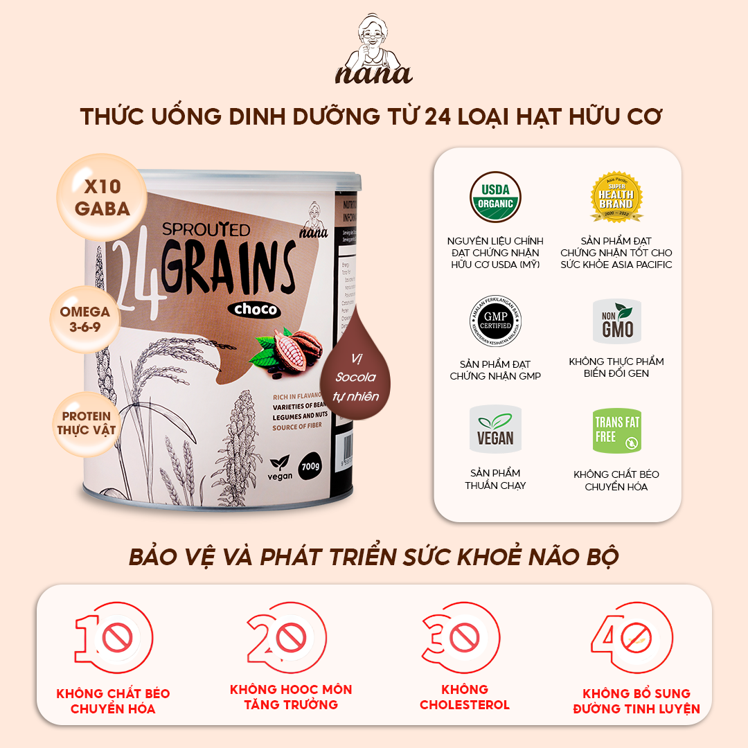 Sữa Hạt Gạo Lứt Hữu Cơ 24Grains 700g Vị Socola Nhập Khẩu Malaysia Cho Trẻ Từ 3 Tuổi &amp; Người Lớn Bổ Sung Dinh Dưỡng Vegan - 24grainsvn