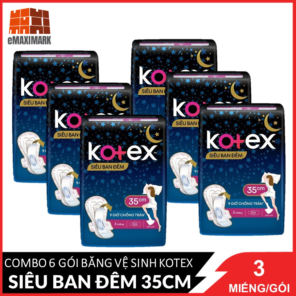 COMBO 6 Gói băng vệ sinh Kotex Siêu ban đêm 35cm 3 miếngX6
