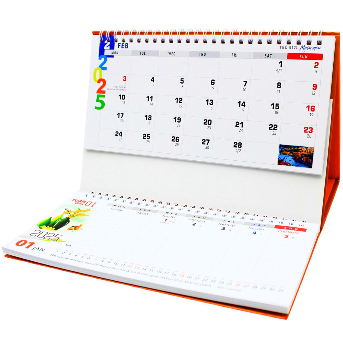 Lịch Bàn 2025 Có Note - Thế Giới Muôn Màu - Văn Lang VL-LB12 - Đế Màu Cam