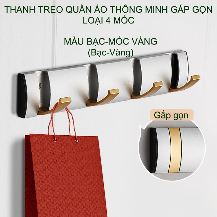 Thanh 4 móc treo quần áo thông minh gấp gọn bằng hợp kim nhôm sơn tĩnh điện, bền và sang trọng