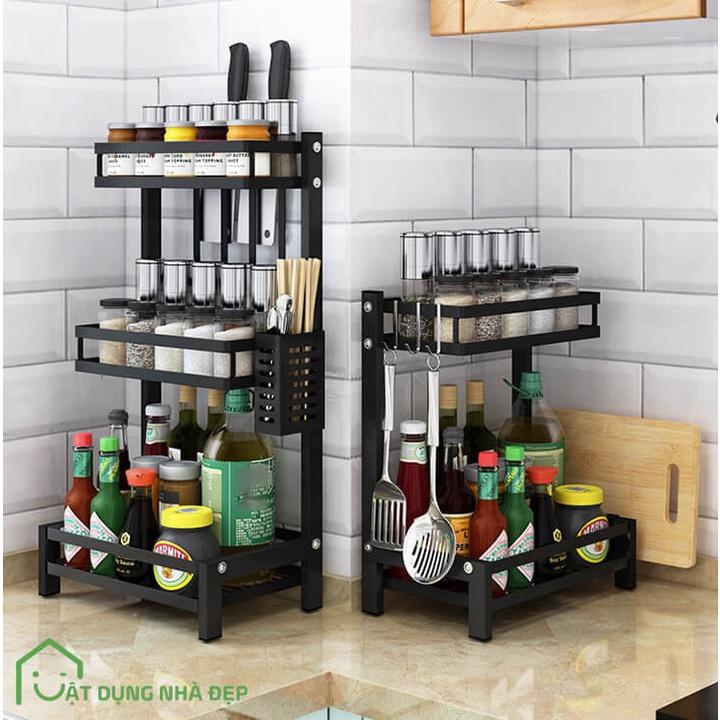 Kệ Gia Vị 2 Tầng 3 Tầng Đa Năng nhà bếp thông minh có ống đũa và treo dao, thớt đầy đủ phụ kiện sơn 3 lớp