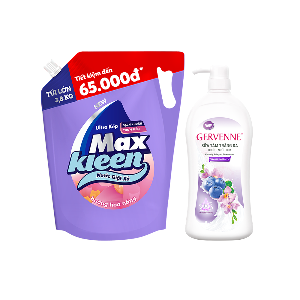 Combo Túi Nước Giặt Xả MaxKleen Hương HOA NẮNG 3.8kg + Sữa tắm trắng da hương nước hoa Gervenne VIỆT QUẤT và LAN NAM PHI 900g