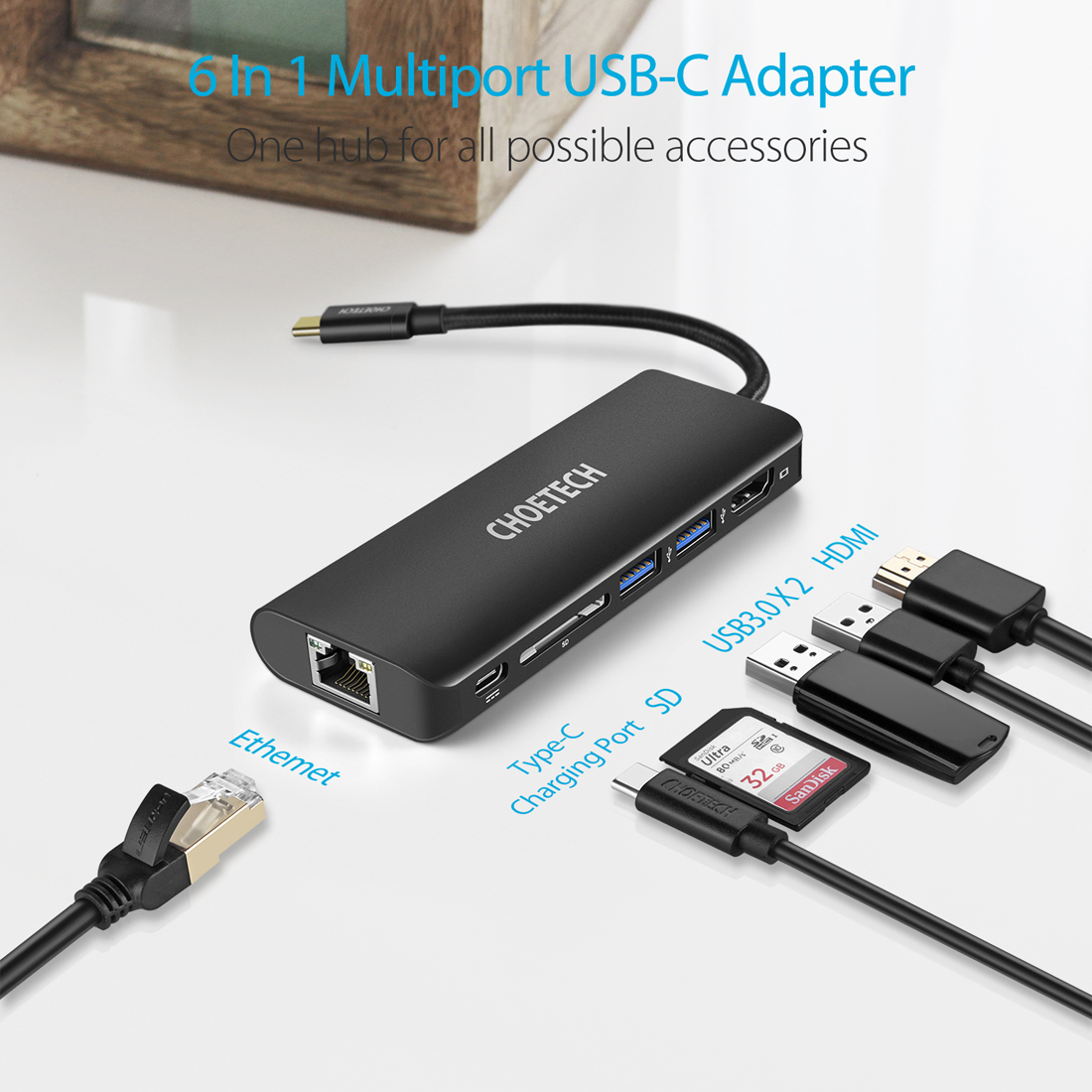 Bộ chuyển đổi đa năng USB HUB USB-C CHOETECH HUB-M05BK - Hàng Chính Hãng