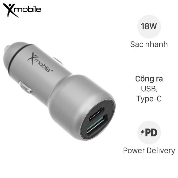 Sạc xe hơi 2 cổng Type C PD QC 3.0 18W Xmobile SN-454 Bạc - Hàng Chính Hãng