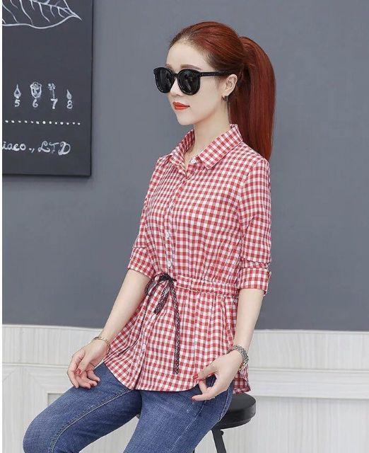 Áo sơ mi nữ caro dây rút eo