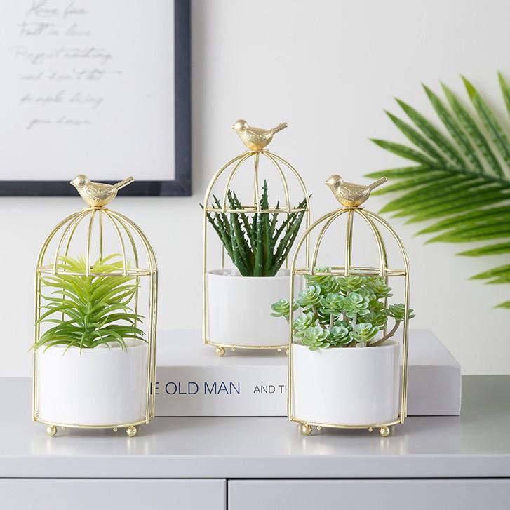 Chậu hoa để bàn hình lồng chim bằng sắt trang trí nội thất