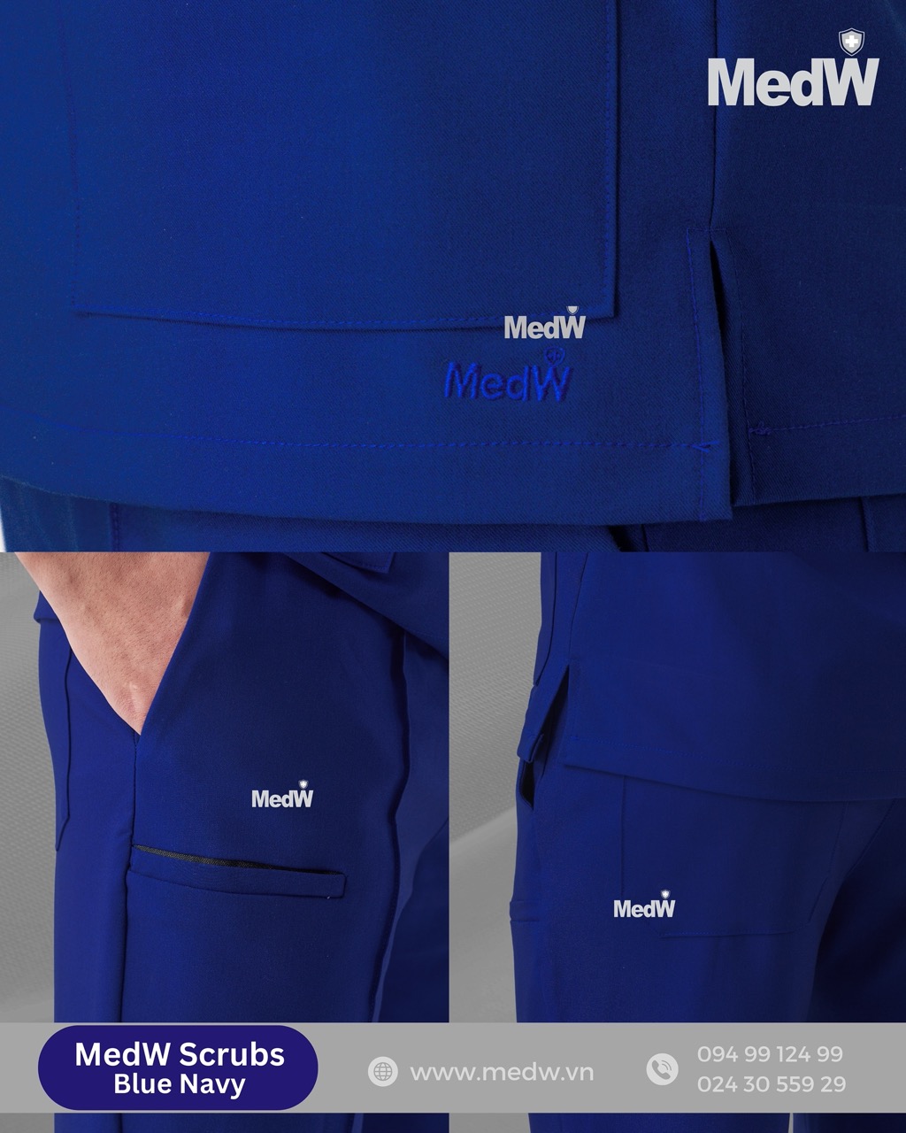 MedW Zeus Scrubs Y Tế Blue Navy (Nam) Xanh Navy Bộ Trang Phục Bác Sĩ, Điều Dưỡng Phòng Khám Chuyên Khoa Đa Khoa, Vật Liệu Cotton Nhật Không Bám Dính, Xếp Ly Không Nhăn, Dáng Suông Vận Động Tự Do. MedW Thêu Tên Logo Thương Hiệu Riêng