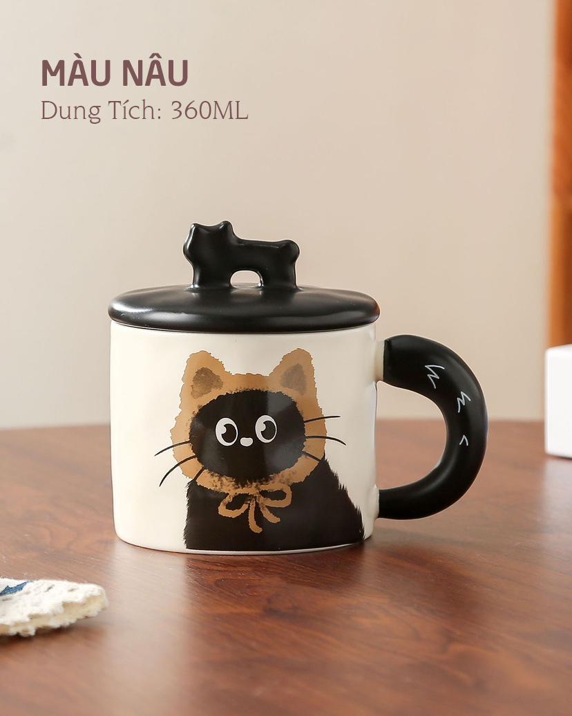 Ly Gốm sứ nắp sứ hình mèo đen siêu xinh