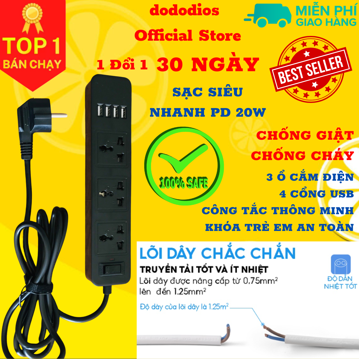 Ổ cắm điện đa năng thông minh dododios 2 cổng USB 5v sạc nhanh, chịu tải 2500W, tiết kiệm 30 kilowatt H dây nối 2m