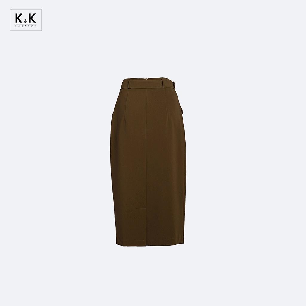 Chân Váy Bút Chì Phối Thắt Lưng  K&amp;K Fashion CV05-22 Chất Liệu Carolan Cao Cấp