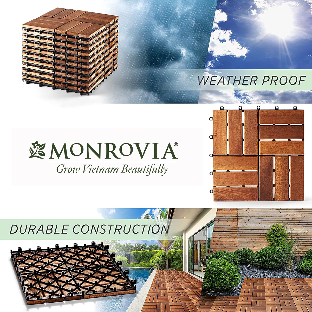 Ván gỗ lót sàn ban công thương hiệu MONROVIA, tiêu chuẩn Châu Âu, 9 Vỉ ốp gỗ lót sàn, vỉ nhựa gỗ lót ban công, ngoài trời, hành lang, sân vườn, hồ bơi, vỉ gỗ tự nhiên 12 nan hoặc 6 nan, siêu bền, chịu nước tốt