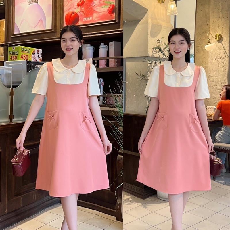 Đầm bầu yếm liền cổ sen phối túi đính nơ form suông thanh lịch chất cotton lạnh Váy Bầu Xinh - Nâu