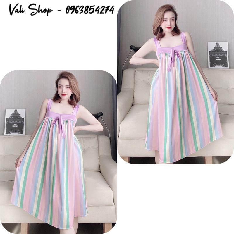 Váy ngủ lụa latin 2 dây xoè hoạ tiết freesize 42-60kg