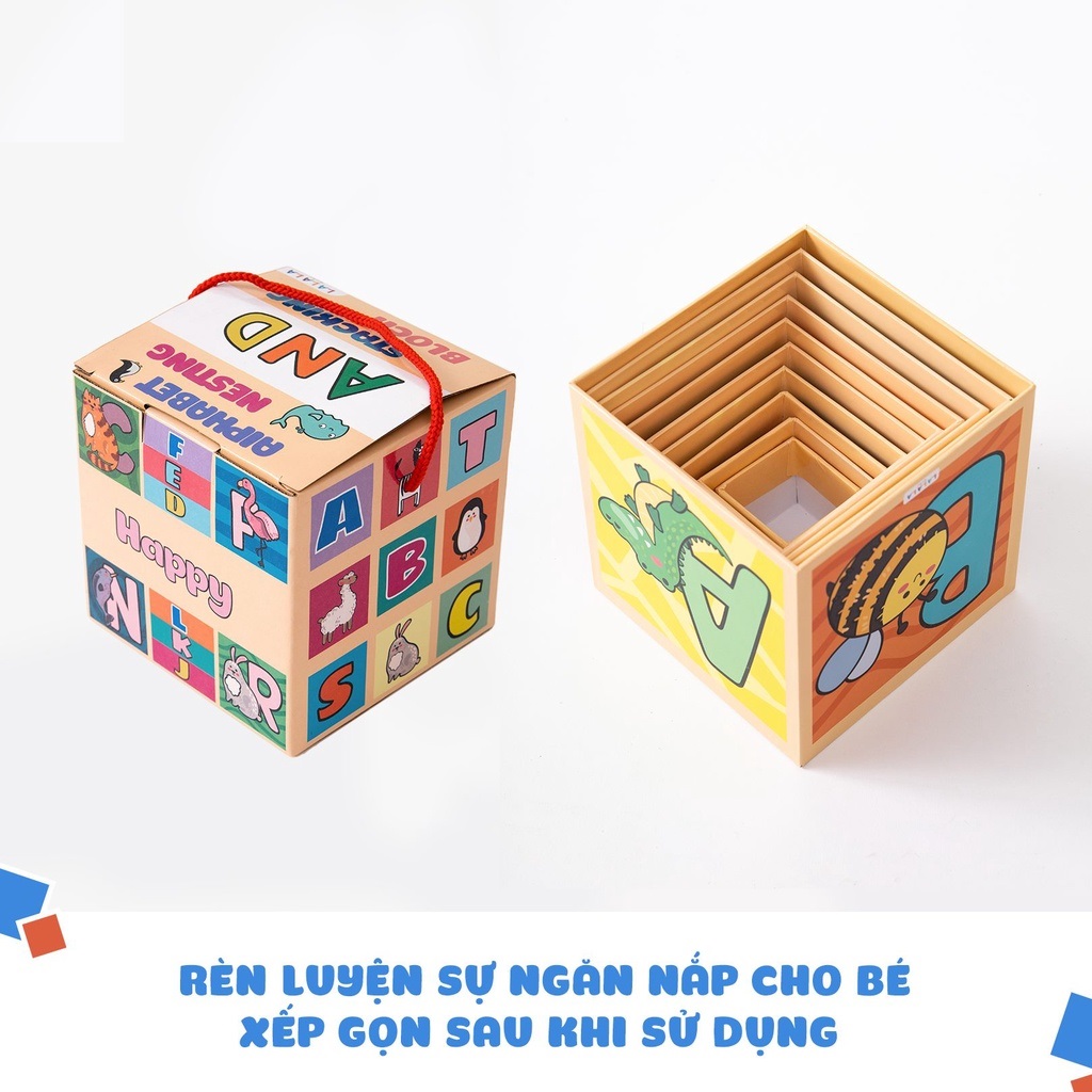 Đồ Chơi Tháp Xếp Chồng Bụng Bự Hình Khối 10 hộp Cho Bé từ 1-5 tuổi Alphabet Nesting and Stacking Blocks - Lalala Baby 