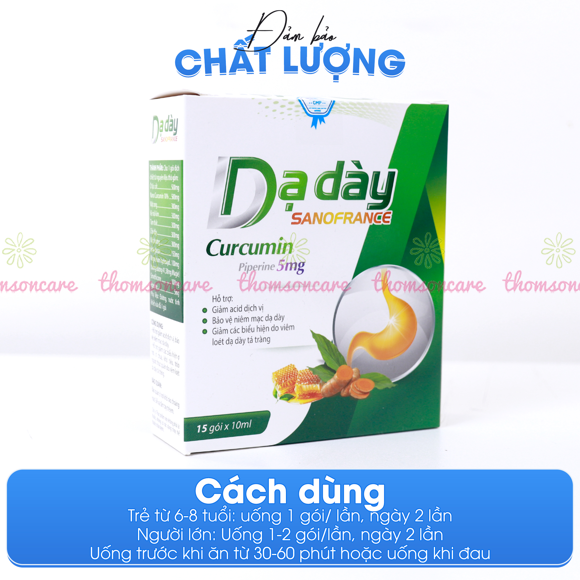 Dạ dày Sanofrance Curcumin Sanofia - Hỗ trợ giảm acid dịch vị, ợ chua, trào ngược dạ dày từ thảo dược - Hộp 15 gói Thomsoncare