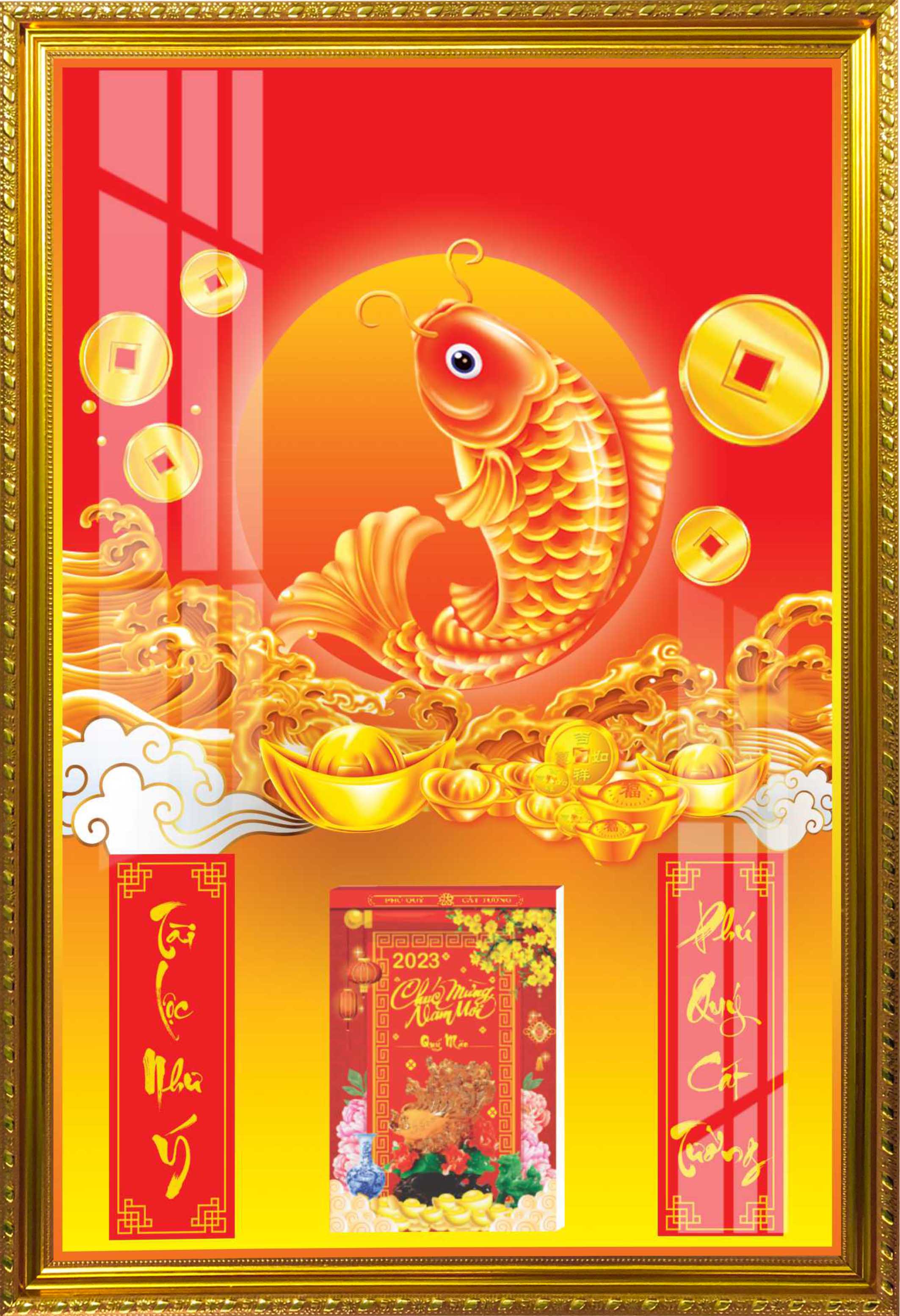 Lịch Gỗ Phù Điêu Khung Nhựa Xi Vàng, Mặt Tranh Tráng Gương Cao Cấp - Chủ đề Cá Chép Hóa Rồng, Cá Chép Vượt Vũ Môn